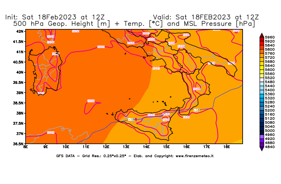 Mappa di analisi GFS - Geopotenziale [m] + Temp. [°C] a 500 hPa + Press. a livello del mare [hPa] in Sud-Italia
							del 18/02/2023 12 <!--googleoff: index-->UTC<!--googleon: index-->