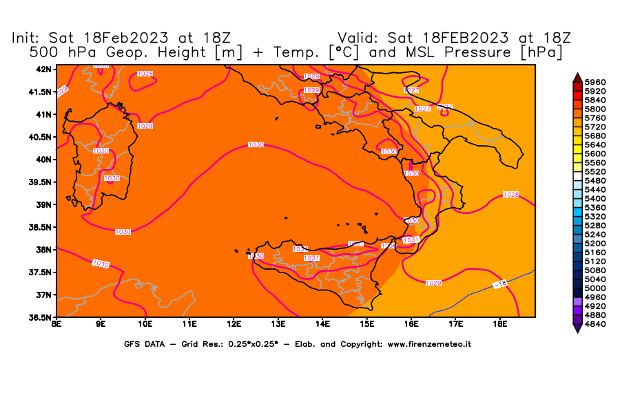 Mappa di analisi GFS - Geopotenziale [m] + Temp. [°C] a 500 hPa + Press. a livello del mare [hPa] in Sud-Italia
							del 18/02/2023 18 <!--googleoff: index-->UTC<!--googleon: index-->
