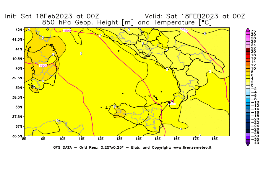 Mappa di analisi GFS - Geopotenziale [m] e Temperatura [°C] a 850 hPa in Sud-Italia
							del 18/02/2023 00 <!--googleoff: index-->UTC<!--googleon: index-->