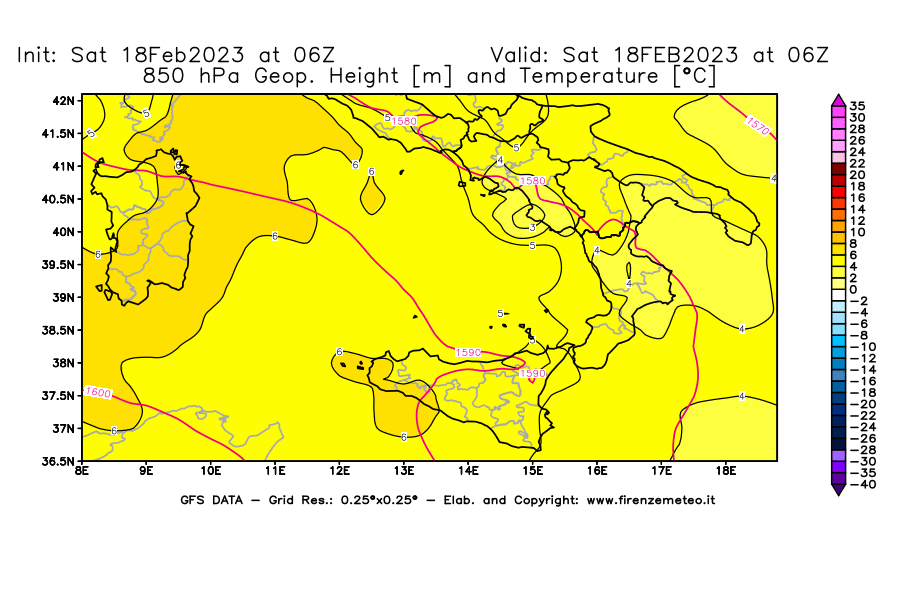 Mappa di analisi GFS - Geopotenziale [m] e Temperatura [°C] a 850 hPa in Sud-Italia
							del 18/02/2023 06 <!--googleoff: index-->UTC<!--googleon: index-->