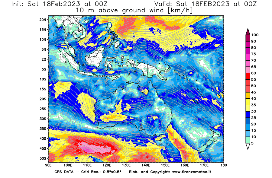 Mappa di analisi GFS - Velocità del vento a 10 metri dal suolo [km/h] in Oceania
							del 18/02/2023 00 <!--googleoff: index-->UTC<!--googleon: index-->