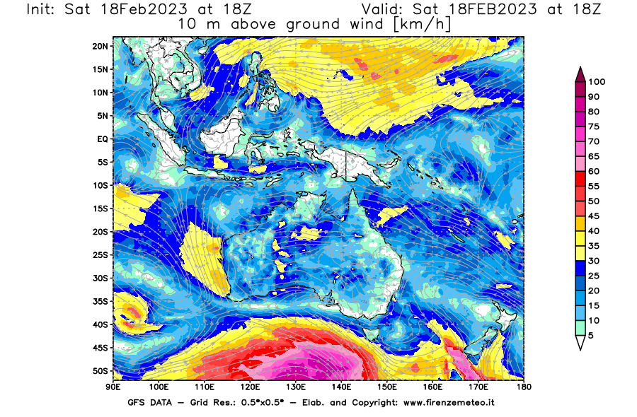 Mappa di analisi GFS - Velocità del vento a 10 metri dal suolo [km/h] in Oceania
							del 18/02/2023 18 <!--googleoff: index-->UTC<!--googleon: index-->