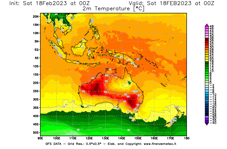Mappa di analisi GFS - Temperatura a 2 metri dal suolo [°C] in Oceania
							del 18/02/2023 00 <!--googleoff: index-->UTC<!--googleon: index-->