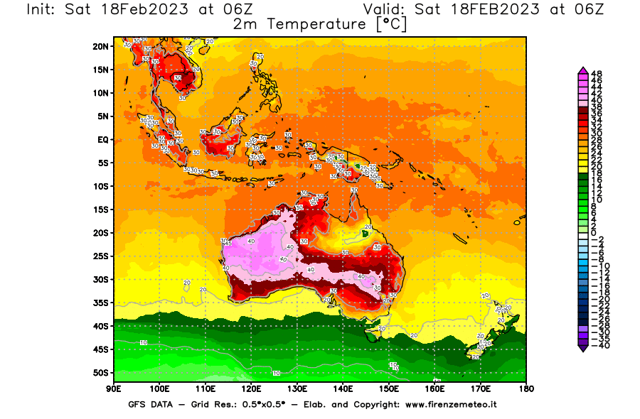 Mappa di analisi GFS - Temperatura a 2 metri dal suolo [°C] in Oceania
							del 18/02/2023 06 <!--googleoff: index-->UTC<!--googleon: index-->