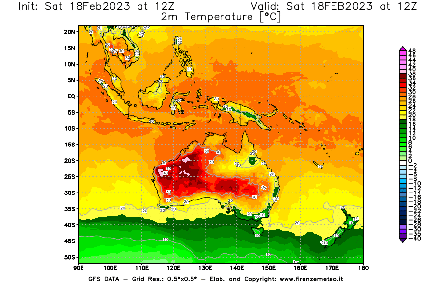Mappa di analisi GFS - Temperatura a 2 metri dal suolo [°C] in Oceania
							del 18/02/2023 12 <!--googleoff: index-->UTC<!--googleon: index-->
