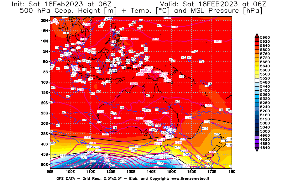 Mappa di analisi GFS - Geopotenziale [m] + Temp. [°C] a 500 hPa + Press. a livello del mare [hPa] in Oceania
							del 18/02/2023 06 <!--googleoff: index-->UTC<!--googleon: index-->