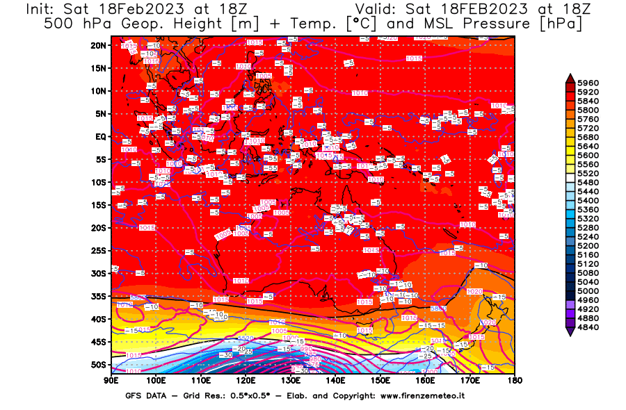 Mappa di analisi GFS - Geopotenziale [m] + Temp. [°C] a 500 hPa + Press. a livello del mare [hPa] in Oceania
							del 18/02/2023 18 <!--googleoff: index-->UTC<!--googleon: index-->