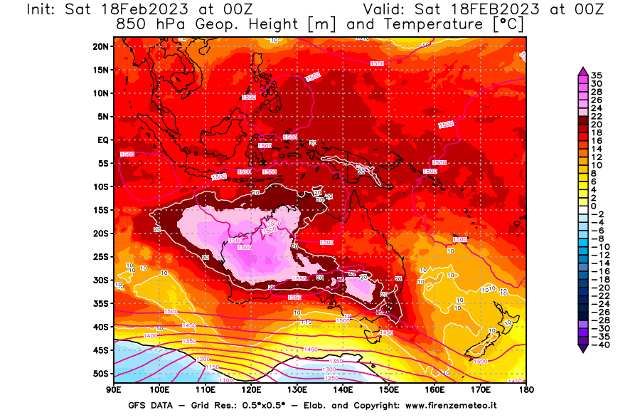 Mappa di analisi GFS - Geopotenziale [m] e Temperatura [°C] a 850 hPa in Oceania
							del 18/02/2023 00 <!--googleoff: index-->UTC<!--googleon: index-->