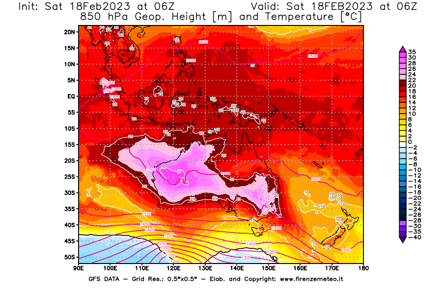 Mappa di analisi GFS - Geopotenziale [m] e Temperatura [°C] a 850 hPa in Oceania
							del 18/02/2023 06 <!--googleoff: index-->UTC<!--googleon: index-->