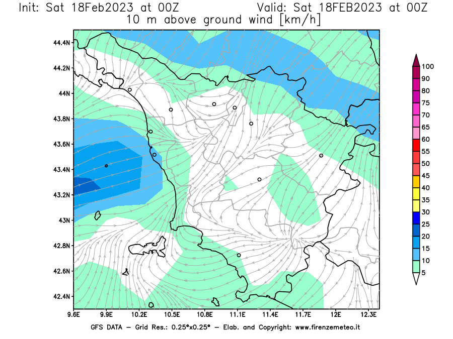 Mappa di analisi GFS - Velocità del vento a 10 metri dal suolo [km/h] in Toscana
							del 18/02/2023 00 <!--googleoff: index-->UTC<!--googleon: index-->