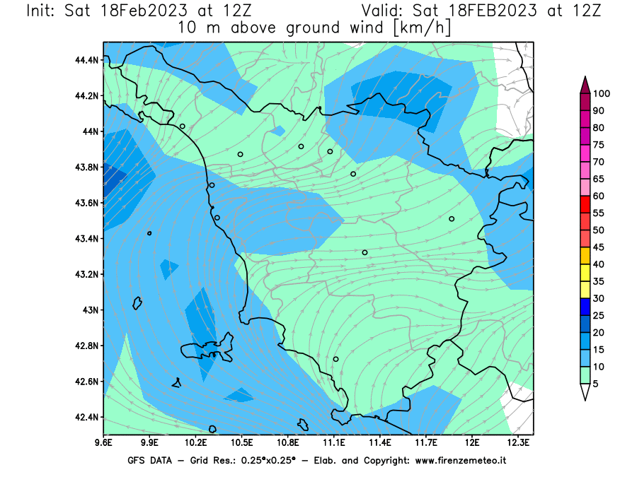 Mappa di analisi GFS - Velocità del vento a 10 metri dal suolo [km/h] in Toscana
							del 18/02/2023 12 <!--googleoff: index-->UTC<!--googleon: index-->