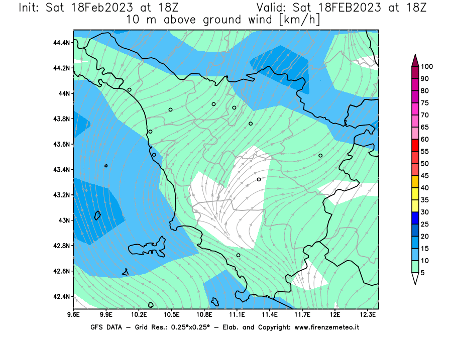 Mappa di analisi GFS - Velocità del vento a 10 metri dal suolo [km/h] in Toscana
							del 18/02/2023 18 <!--googleoff: index-->UTC<!--googleon: index-->