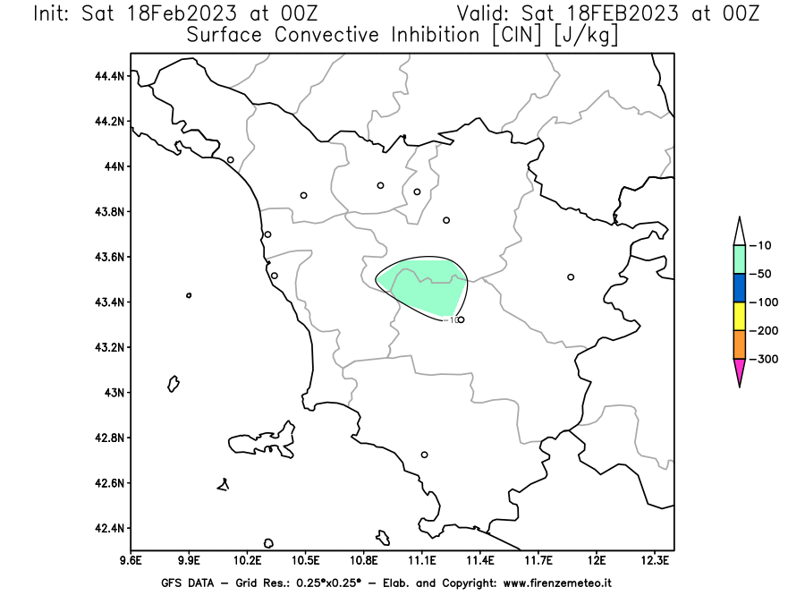 Mappa di analisi GFS - CIN [J/kg] in Toscana
							del 18/02/2023 00 <!--googleoff: index-->UTC<!--googleon: index-->