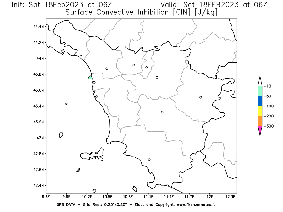 Mappa di analisi GFS - CIN [J/kg] in Toscana
							del 18/02/2023 06 <!--googleoff: index-->UTC<!--googleon: index-->