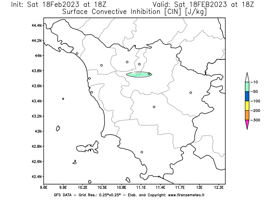 Mappa di analisi GFS - CIN [J/kg] in Toscana
							del 18/02/2023 18 <!--googleoff: index-->UTC<!--googleon: index-->