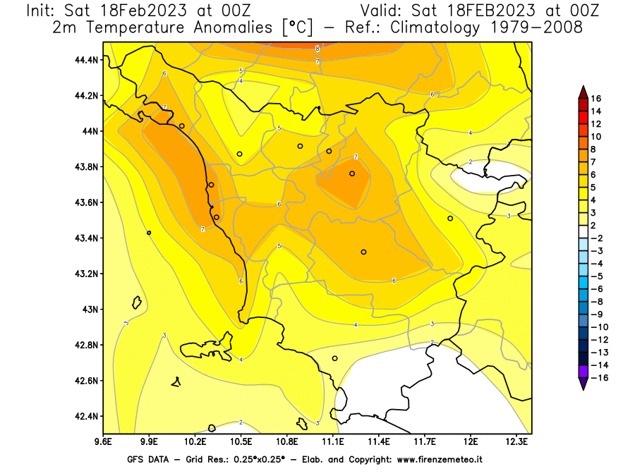 Mappa di analisi GFS - Anomalia Temperatura [°C] a 2 m in Toscana
							del 18/02/2023 00 <!--googleoff: index-->UTC<!--googleon: index-->