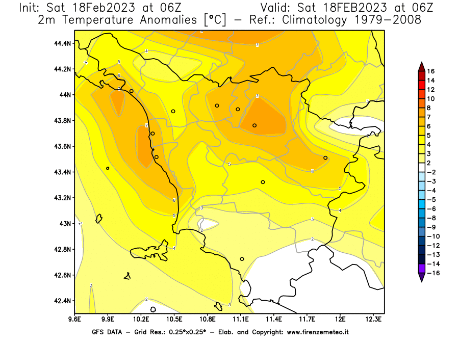Mappa di analisi GFS - Anomalia Temperatura [°C] a 2 m in Toscana
							del 18/02/2023 06 <!--googleoff: index-->UTC<!--googleon: index-->