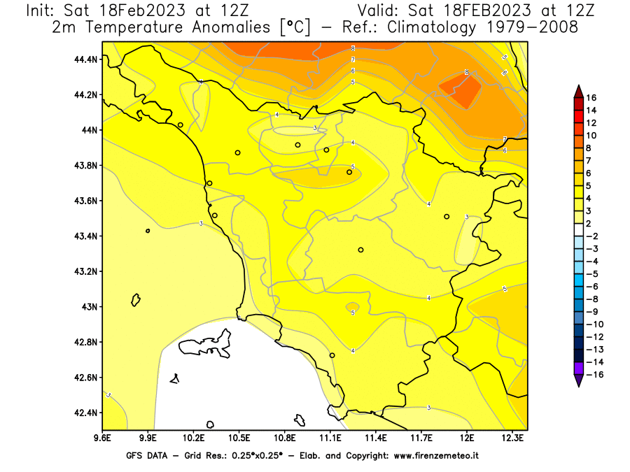 Mappa di analisi GFS - Anomalia Temperatura [°C] a 2 m in Toscana
							del 18/02/2023 12 <!--googleoff: index-->UTC<!--googleon: index-->