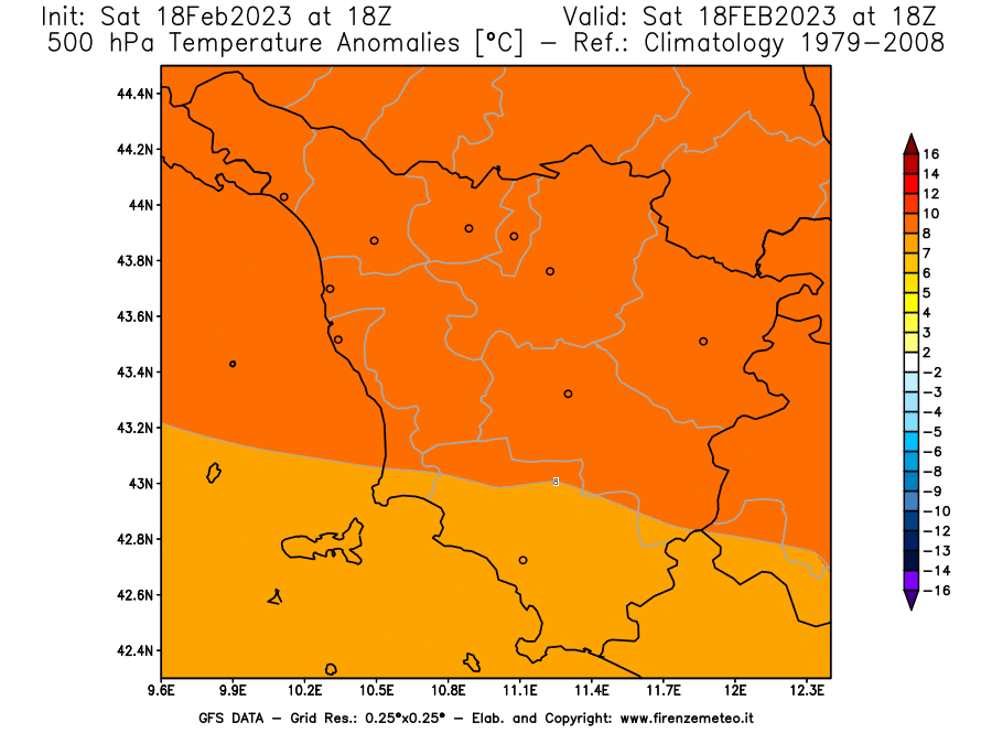 Mappa di analisi GFS - Anomalia Temperatura [°C] a 500 hPa in Toscana
							del 18/02/2023 18 <!--googleoff: index-->UTC<!--googleon: index-->