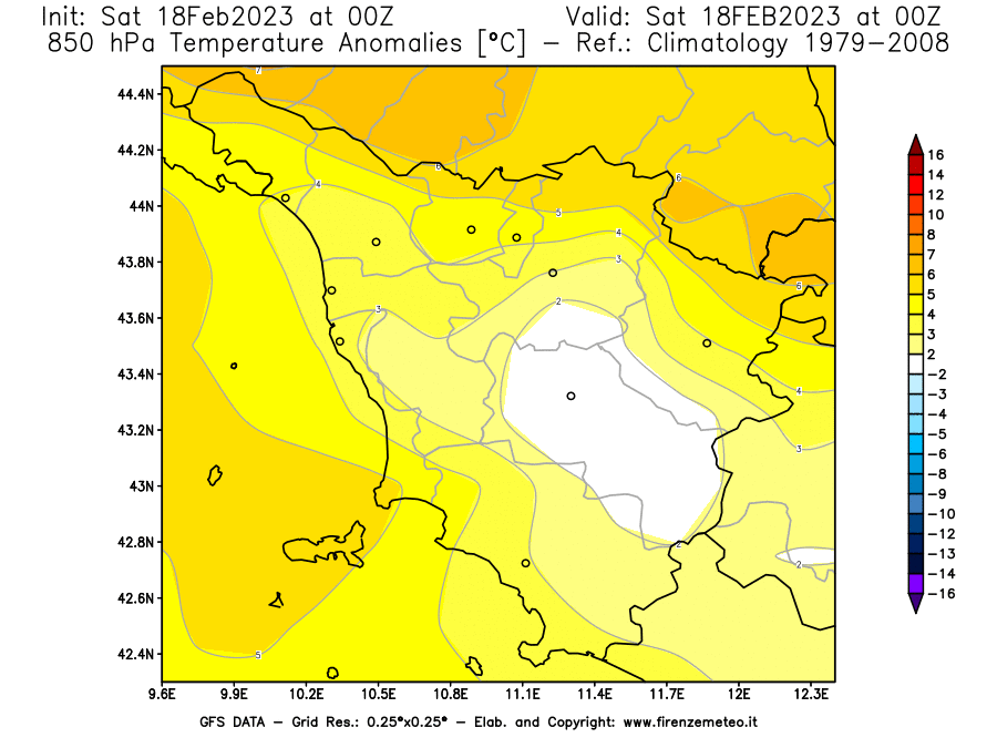 Mappa di analisi GFS - Anomalia Temperatura [°C] a 850 hPa in Toscana
							del 18/02/2023 00 <!--googleoff: index-->UTC<!--googleon: index-->