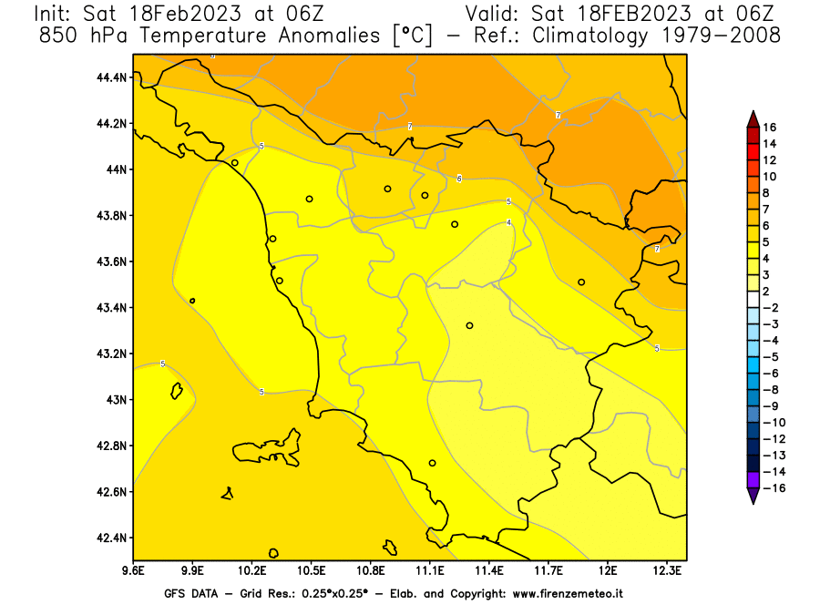 Mappa di analisi GFS - Anomalia Temperatura [°C] a 850 hPa in Toscana
							del 18/02/2023 06 <!--googleoff: index-->UTC<!--googleon: index-->