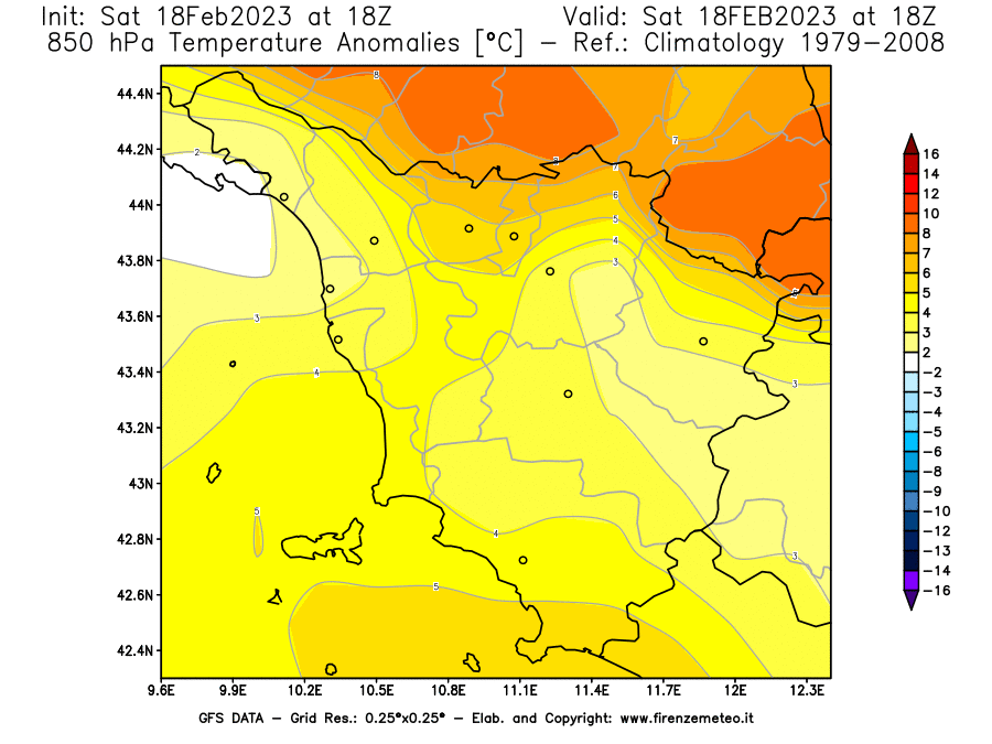 Mappa di analisi GFS - Anomalia Temperatura [°C] a 850 hPa in Toscana
							del 18/02/2023 18 <!--googleoff: index-->UTC<!--googleon: index-->