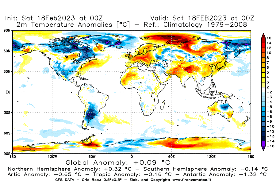 Mappa di analisi GFS - Anomalia Temperatura [°C] a 2 m in World
							del 18/02/2023 00 <!--googleoff: index-->UTC<!--googleon: index-->