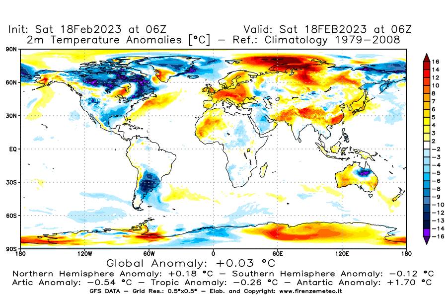 Mappa di analisi GFS - Anomalia Temperatura [°C] a 2 m in World
							del 18/02/2023 06 <!--googleoff: index-->UTC<!--googleon: index-->