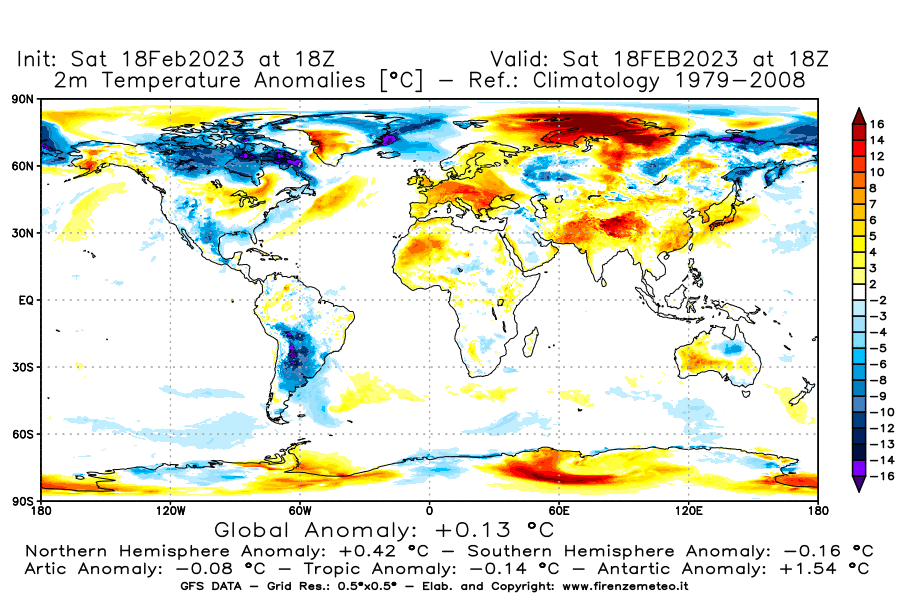 Mappa di analisi GFS - Anomalia Temperatura [°C] a 2 m in World
							del 18/02/2023 18 <!--googleoff: index-->UTC<!--googleon: index-->