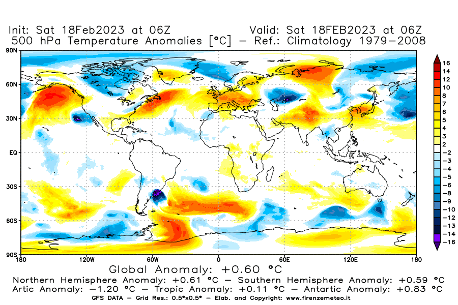 Mappa di analisi GFS - Anomalia Temperatura [°C] a 500 hPa in World
							del 18/02/2023 06 <!--googleoff: index-->UTC<!--googleon: index-->