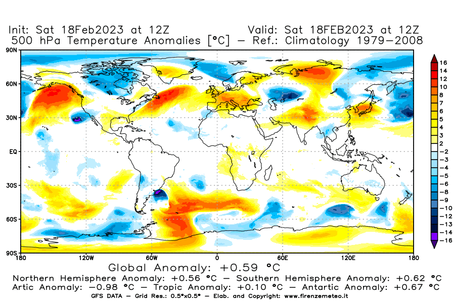 Mappa di analisi GFS - Anomalia Temperatura [°C] a 500 hPa in World
							del 18/02/2023 12 <!--googleoff: index-->UTC<!--googleon: index-->