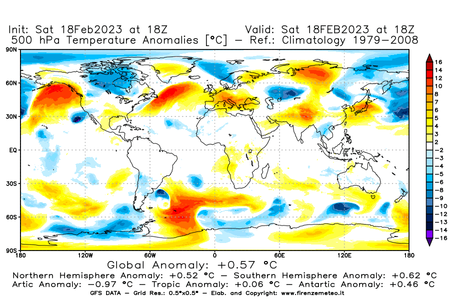 Mappa di analisi GFS - Anomalia Temperatura [°C] a 500 hPa in World
							del 18/02/2023 18 <!--googleoff: index-->UTC<!--googleon: index-->