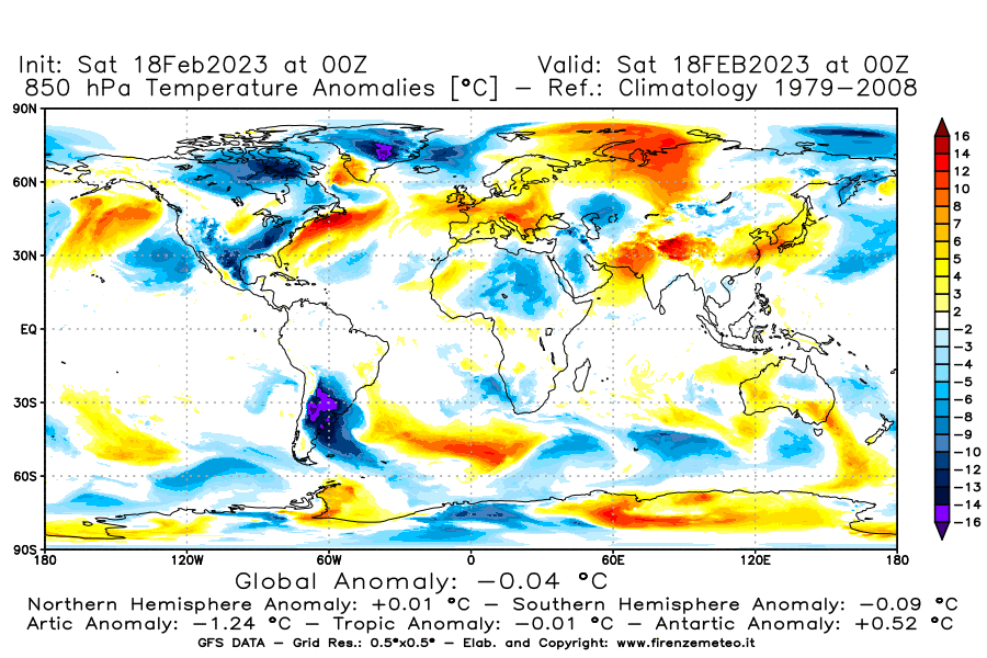 Mappa di analisi GFS - Anomalia Temperatura [°C] a 850 hPa in World
							del 18/02/2023 00 <!--googleoff: index-->UTC<!--googleon: index-->