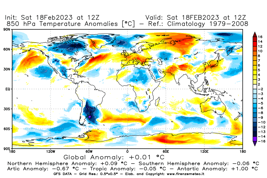 Mappa di analisi GFS - Anomalia Temperatura [°C] a 850 hPa in World
							del 18/02/2023 12 <!--googleoff: index-->UTC<!--googleon: index-->