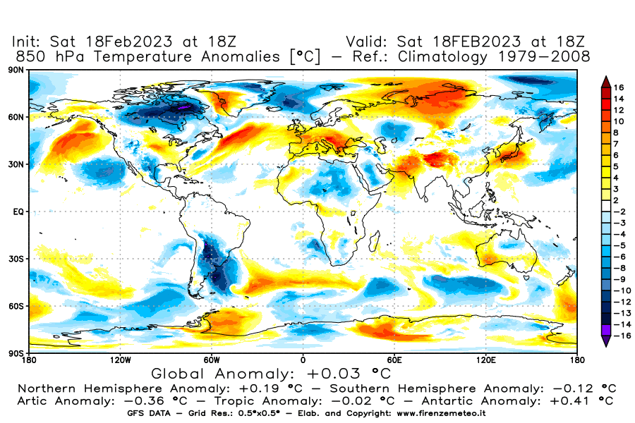 Mappa di analisi GFS - Anomalia Temperatura [°C] a 850 hPa in World
							del 18/02/2023 18 <!--googleoff: index-->UTC<!--googleon: index-->