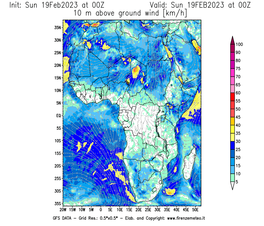 Mappa di analisi GFS - Velocità del vento a 10 metri dal suolo [km/h] in Africa
							del 19/02/2023 00 <!--googleoff: index-->UTC<!--googleon: index-->