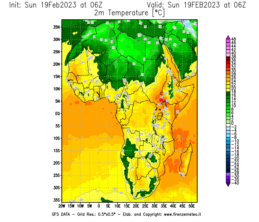 Mappa di analisi GFS - Temperatura a 2 metri dal suolo [°C] in Africa
							del 19/02/2023 06 <!--googleoff: index-->UTC<!--googleon: index-->