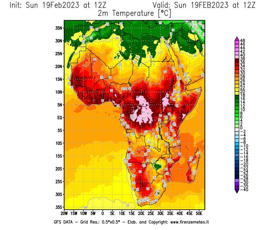 Mappa di analisi GFS - Temperatura a 2 metri dal suolo [°C] in Africa
							del 19/02/2023 12 <!--googleoff: index-->UTC<!--googleon: index-->