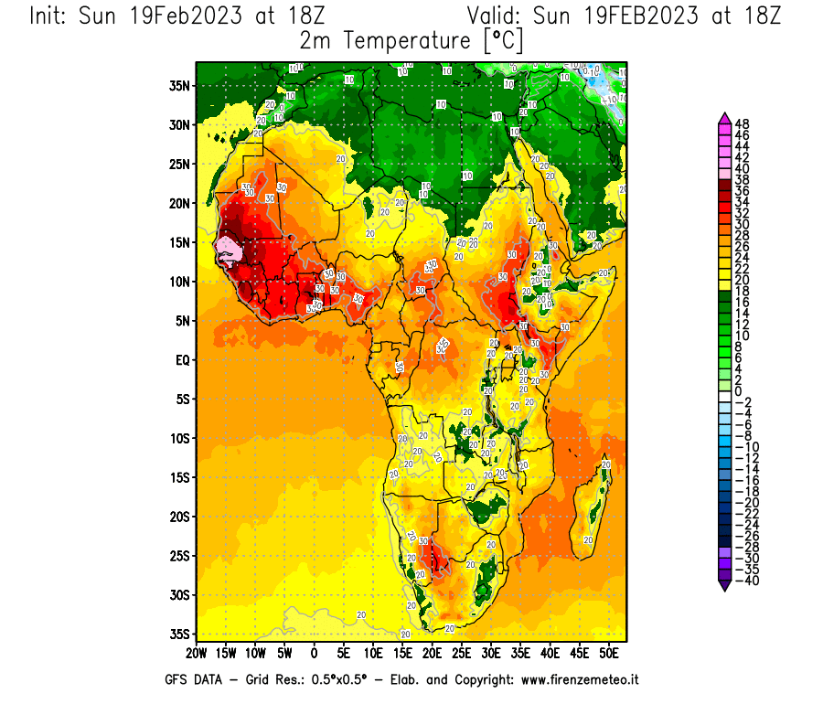 Mappa di analisi GFS - Temperatura a 2 metri dal suolo [°C] in Africa
							del 19/02/2023 18 <!--googleoff: index-->UTC<!--googleon: index-->