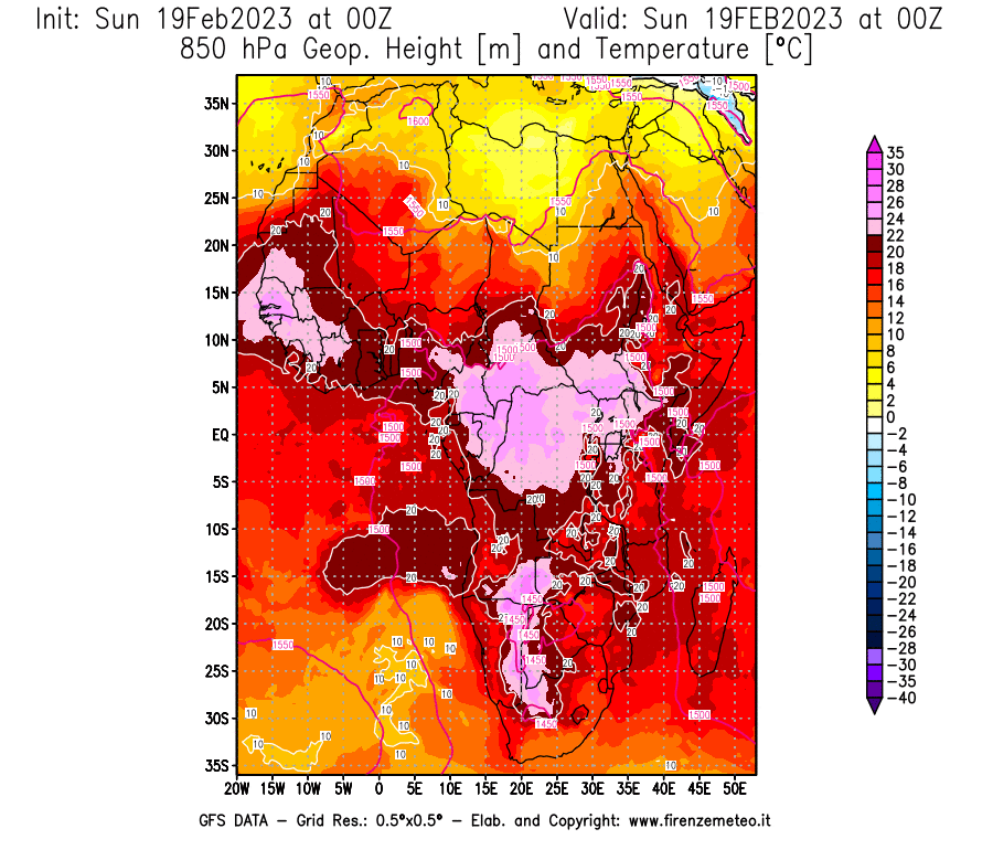 Mappa di analisi GFS - Geopotenziale [m] e Temperatura [°C] a 850 hPa in Africa
							del 19/02/2023 00 <!--googleoff: index-->UTC<!--googleon: index-->