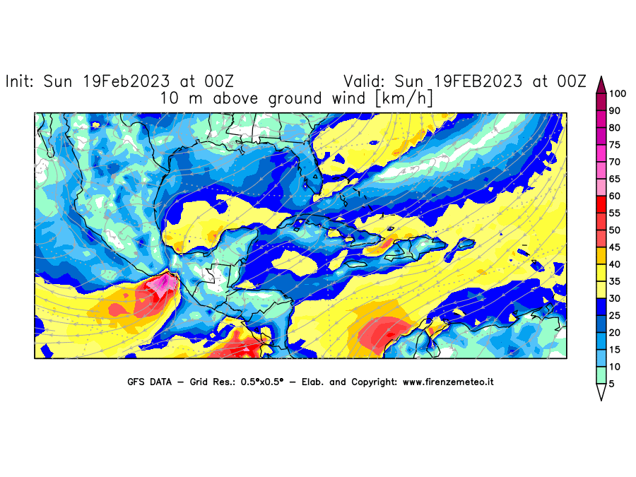 Mappa di analisi GFS - Velocità del vento a 10 metri dal suolo [km/h] in Centro-America
							del 19/02/2023 00 <!--googleoff: index-->UTC<!--googleon: index-->