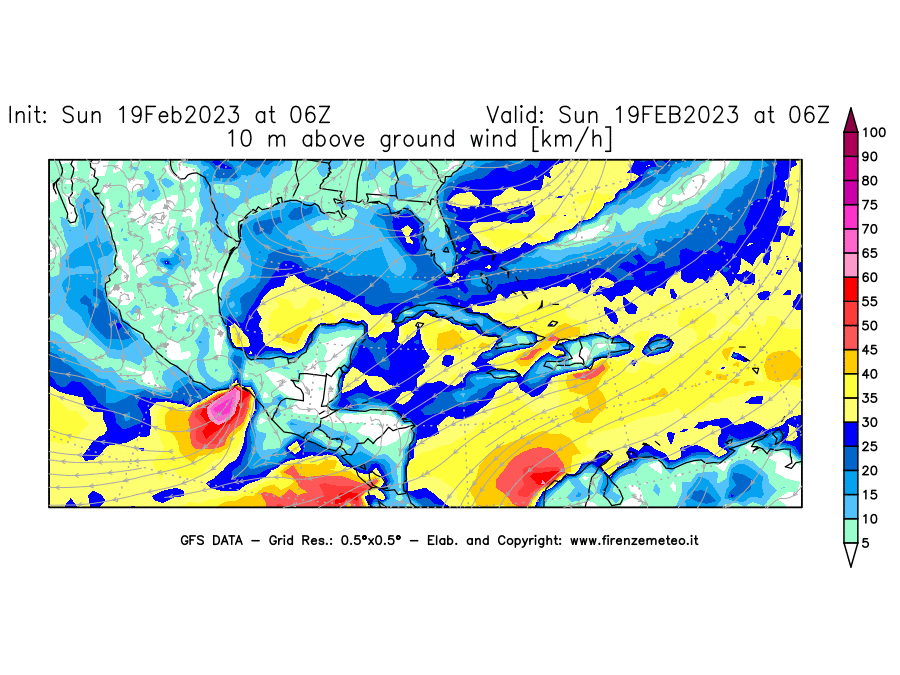 Mappa di analisi GFS - Velocità del vento a 10 metri dal suolo [km/h] in Centro-America
							del 19/02/2023 06 <!--googleoff: index-->UTC<!--googleon: index-->