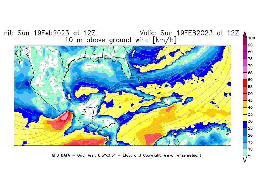 Mappa di analisi GFS - Velocità del vento a 10 metri dal suolo [km/h] in Centro-America
							del 19/02/2023 12 <!--googleoff: index-->UTC<!--googleon: index-->