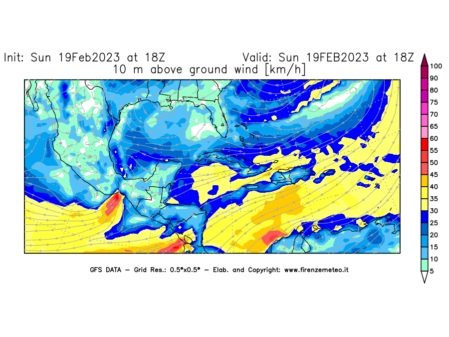 Mappa di analisi GFS - Velocità del vento a 10 metri dal suolo [km/h] in Centro-America
							del 19/02/2023 18 <!--googleoff: index-->UTC<!--googleon: index-->