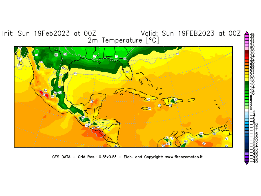 Mappa di analisi GFS - Temperatura a 2 metri dal suolo [°C] in Centro-America
							del 19/02/2023 00 <!--googleoff: index-->UTC<!--googleon: index-->