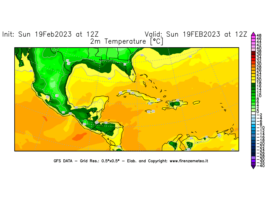 Mappa di analisi GFS - Temperatura a 2 metri dal suolo [°C] in Centro-America
							del 19/02/2023 12 <!--googleoff: index-->UTC<!--googleon: index-->