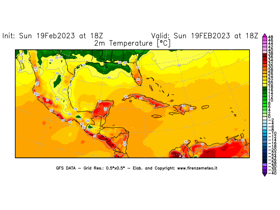 Mappa di analisi GFS - Temperatura a 2 metri dal suolo [°C] in Centro-America
							del 19/02/2023 18 <!--googleoff: index-->UTC<!--googleon: index-->