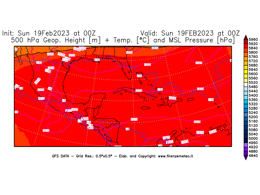 Mappa di analisi GFS - Geopotenziale [m] + Temp. [°C] a 500 hPa + Press. a livello del mare [hPa] in Centro-America
							del 19/02/2023 00 <!--googleoff: index-->UTC<!--googleon: index-->