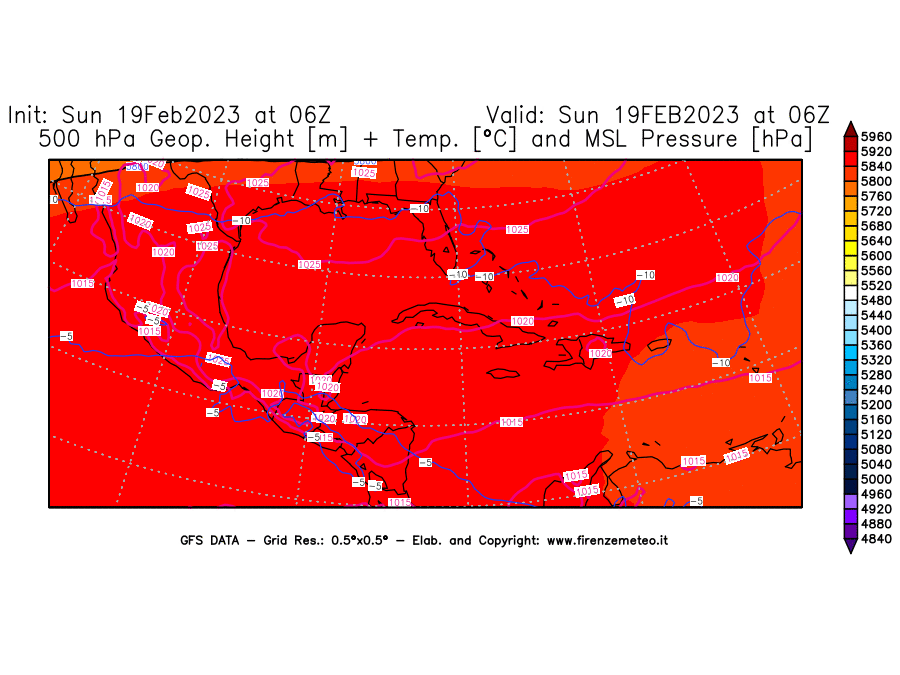 Mappa di analisi GFS - Geopotenziale [m] + Temp. [°C] a 500 hPa + Press. a livello del mare [hPa] in Centro-America
							del 19/02/2023 06 <!--googleoff: index-->UTC<!--googleon: index-->
