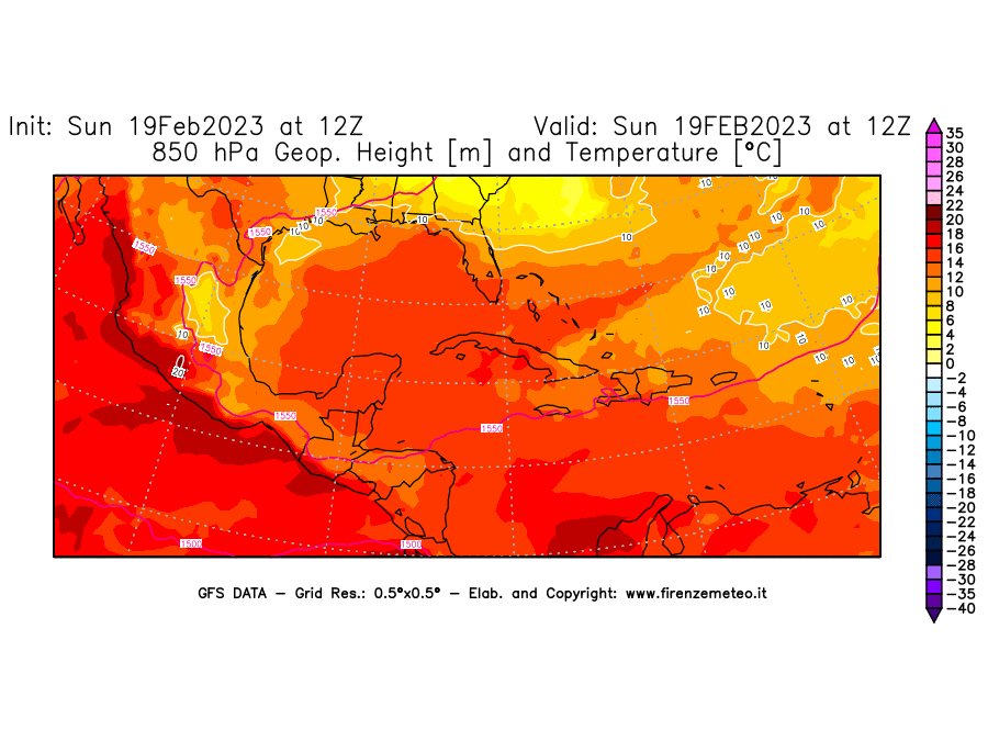 Mappa di analisi GFS - Geopotenziale [m] e Temperatura [°C] a 850 hPa in Centro-America
							del 19/02/2023 12 <!--googleoff: index-->UTC<!--googleon: index-->